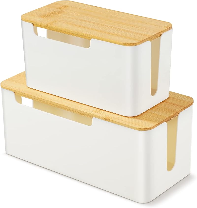 CRROEL Cable Tidy Box Set 2 Bamboo Lid Cord Management Power Strip Organizer
