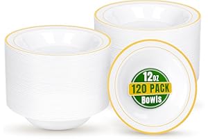 bUCLA 120 Pack Disposable Plastic Bowls Gold Trim 12oz - Elegant Party Bowls Disposable for Salad, Soup, Dessert, Ideal for Wedding & Thanksgiving