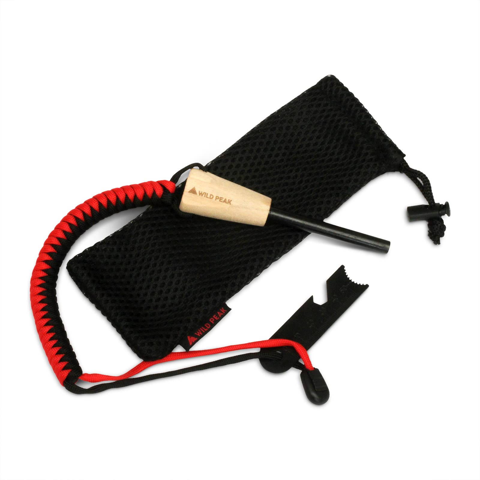 Wild Peak Premium Fire Steel with Paracord Strap & Carry Bag - Quality Ferro Rod Fire Starter with over 2m of Military Grade 550 Parachute Cord for Survival & Bushcraft from (Red & Black)