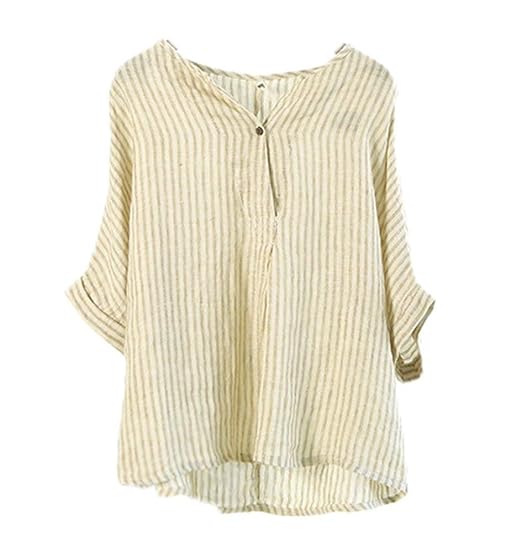 Shirt Damen Sommer Elegante V-Ausschnitt Kurzarm Dünn Casual Leinenbluse Único Mode Loose Vintage Gestreift Blusen Oberteile