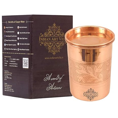 Indian Art Villa Embossed Design Copper Glass Tumbler with Lid, Drinkware Set, 300 ml
