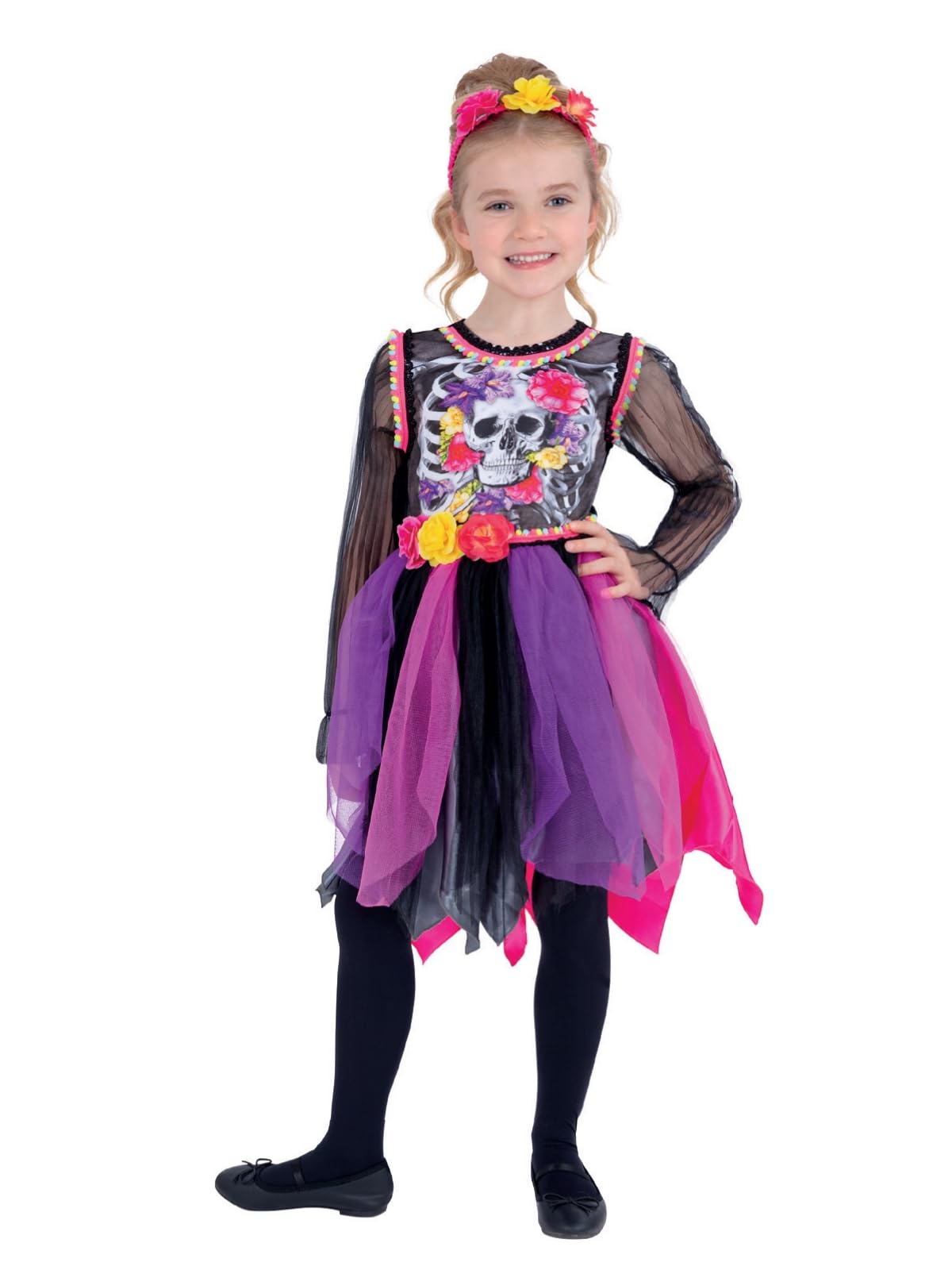 Smiffys Day of the Dead Pom-Pom Costume Dress & Headband, Halloween Child Fancy Dress, Day of The Dead Dress Up Costumes, Age 4-6