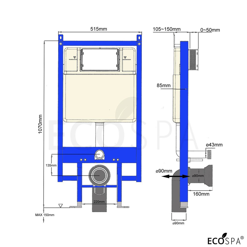 Includes Chrome Flush Plate by EcoSpa Super Slim Concealed Universal WC Toilet Frame Surround