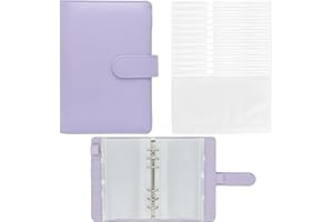 Twavang 15 PCS A6 Binder Pockets with PU Leather Notebook Binder Cover Refillable 6 Round Ring Binder Set for Personal Planner Organizer, Budget Binder, Savings Binder (Purple)
