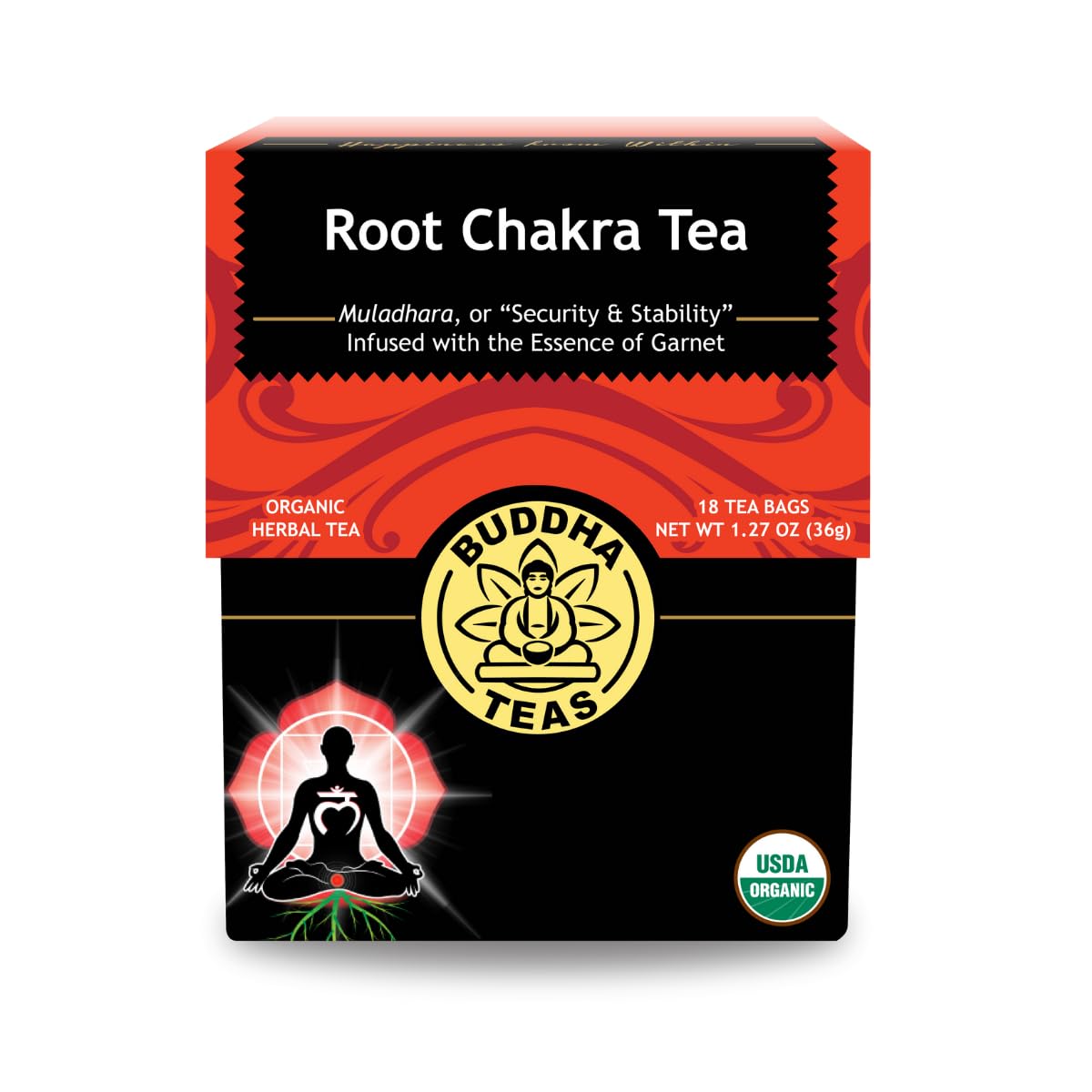 Photo 1 of Buddha Teas - Root Chakra Tea - Organic Herbal Tea - For Security & Stability - With Ashwagandha Root, Raspberry Leaf, Cloves & Garnet Essence - 100% Kosher & Non-GMO - 18 Tea Bags (Pack of 1) exp date 05/2028