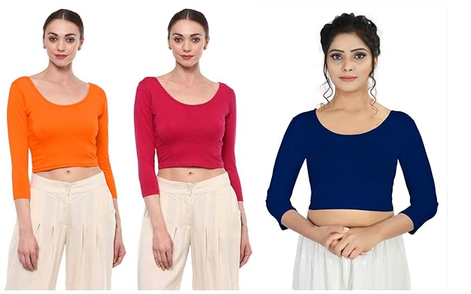 Women's Cotton Readymade Saree Blouse Stretchable Crop Top Choli Pack of 3