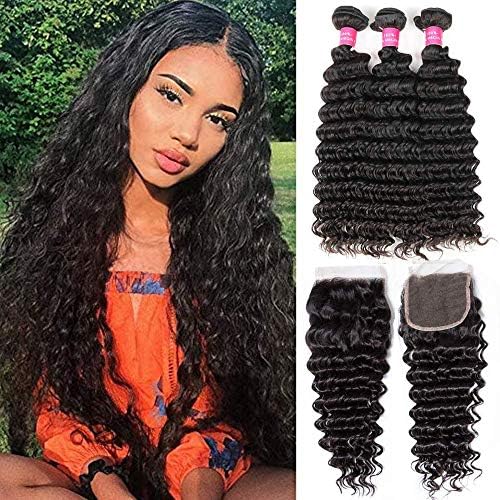 Brazilian Deep Wave Human Hair 3 Bundles with Closure Free Part 100% Unprocessed Virgin Brazilian Wet and Wavy Human Hair Weaves Deep Curly Human Hair Extensions With Lace Closure Natural Color