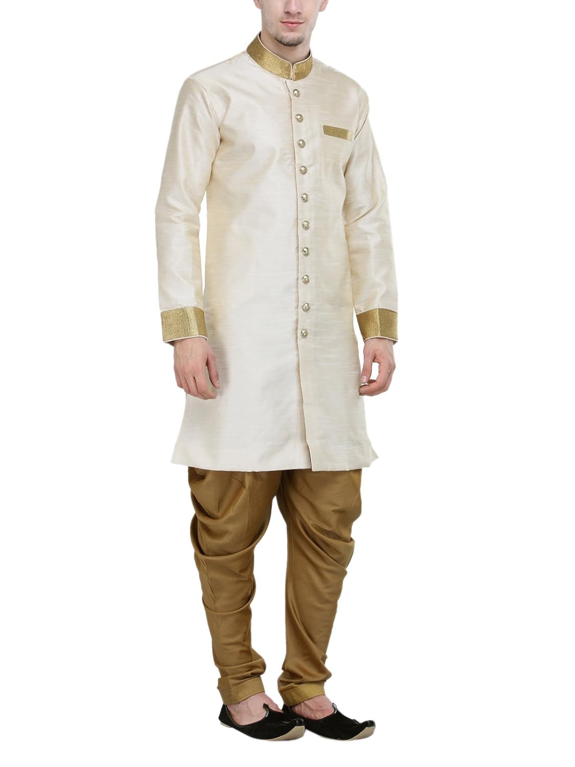 rg designers cream and gold plain sherwani for men