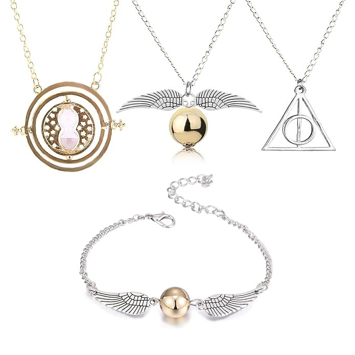 4 Stück Halskette Armband mit den Heiligtümern des Todes Golden Snitch Time Turner Kette Anhänger Halskette für inspirierte F