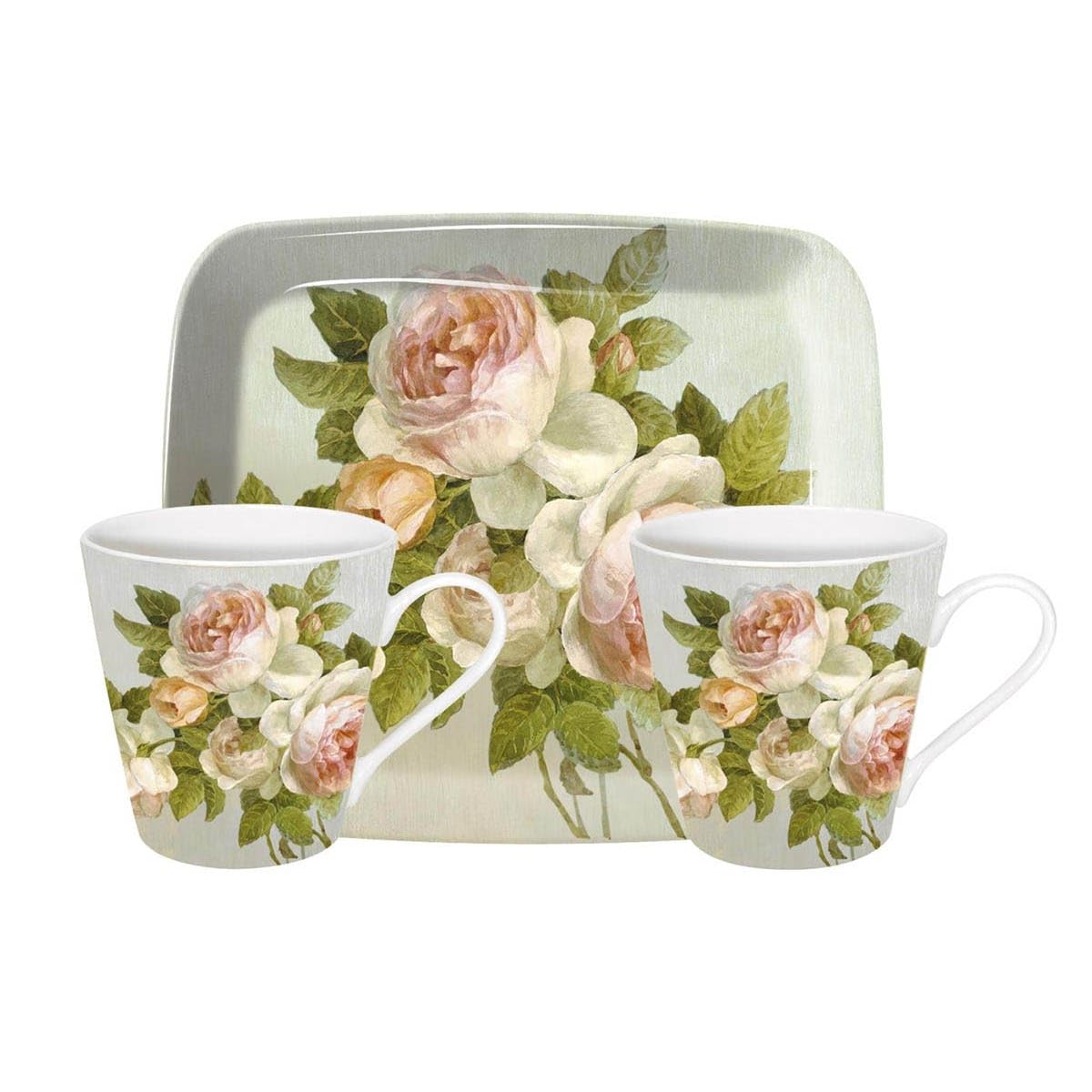 pimpernel X0011655543 Antique Rose Mugs 0.18 L and Tray Set, Ceramic