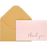 CHRIZ.Z Thank You Cards - Blank 50 Pack Pink Matte Finish Cards with Gold Foiled Thank You Printed with 52 Kraft Envelopes 4" x 6" - for Wedding Bridal Shower Baby Shower Birthday Party (Pink)
