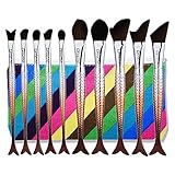 Cinidy 10 pcs Mermaid Contour Makeup Brushes Beauty Kit Foundation Powder Cheeks Blush Eyeliner Blush Kabuki Cosmetic Brush Set Tools With Storage Bag
