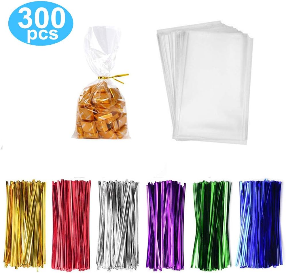 LiyuanQ 300 Pcs Clear Candy Bags Clear Cellophane Bags 5"x7" Cookie Bags with 6 Mix Colors Twist Ties - 1.4mils Thickness OPP Plastic Bags for Wedding Birthday Cake Pop Gift Candy Buffet Supplies