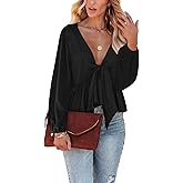 Fanway&EC Women's Long Sleeve V Neck Blouses Babydoll Tie Front Shirts Ruffle Hem Casual Crop Tops