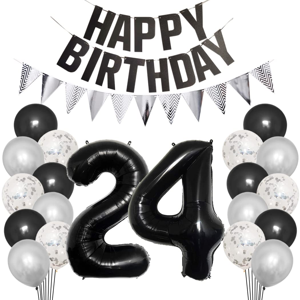 Borsgye 24th Birthday Party Decorations Set for Girl Boy Women Men Black HAPPY BIRTHDAY Letter Banner Silver Sparkly Glitter Traingle Banner Confetti Latex Balloons with Black Giant Number 24 Balloon