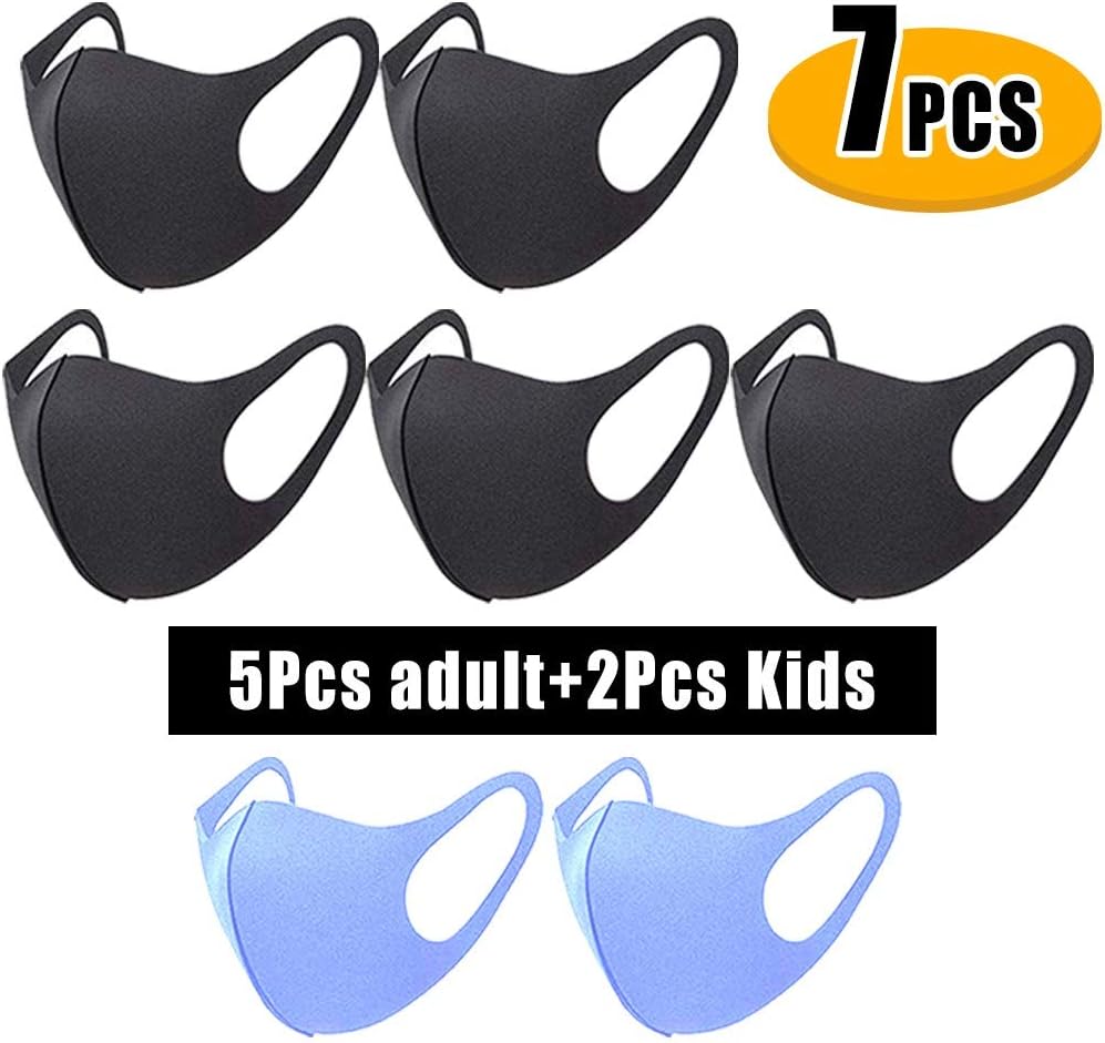 Babbies Unisex Adult Washable Reusable Black Face Masks, Kids Mouth Mask Protection from Dust, Pollen, Pet Dander, Other Airborne IrritantsAdult (5PCS)+Child (2 PCS)