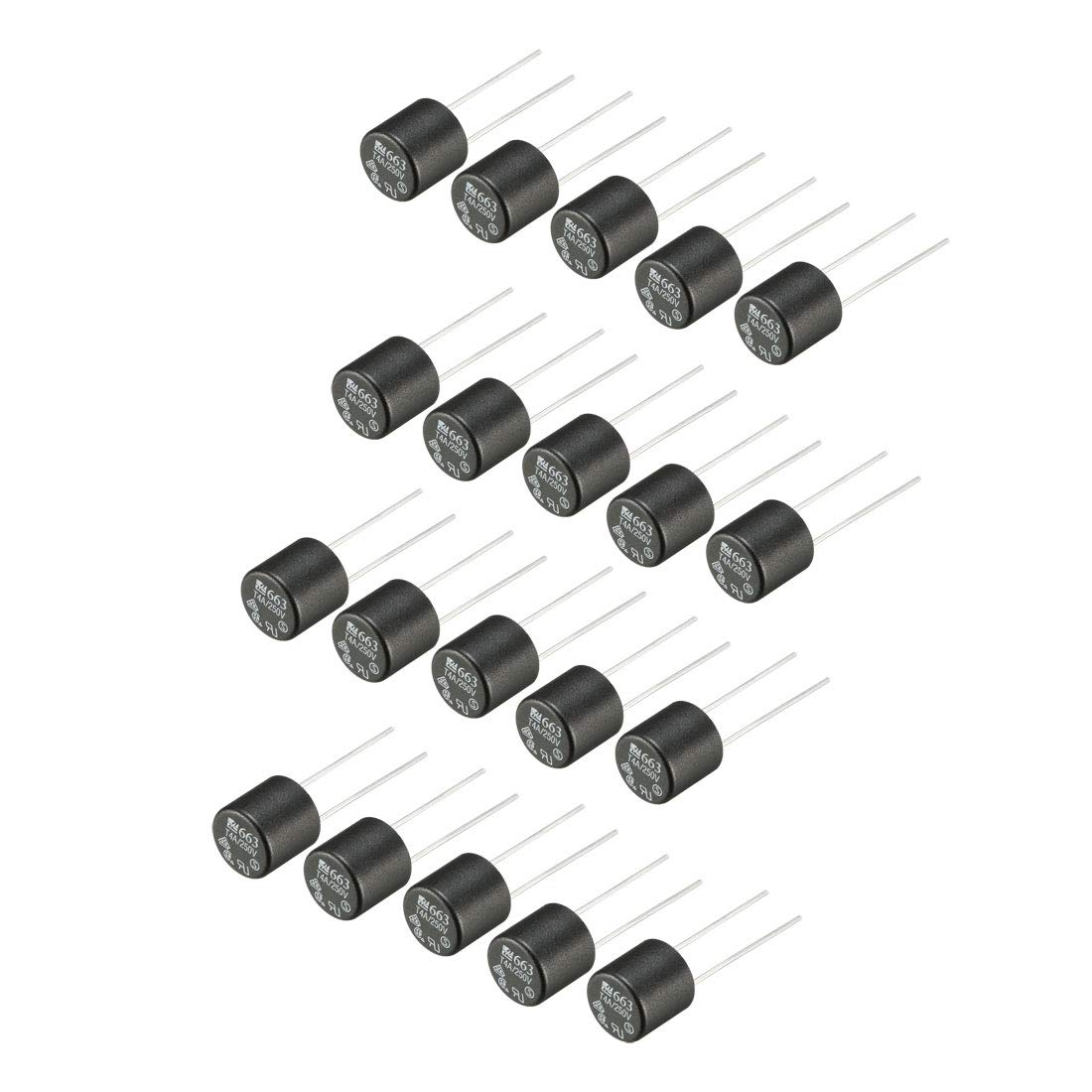 sourcing map 20Pcs DIP Mounted Miniature Cylinder Slow Blow Micro Fuse T4A 4A 250V Black
