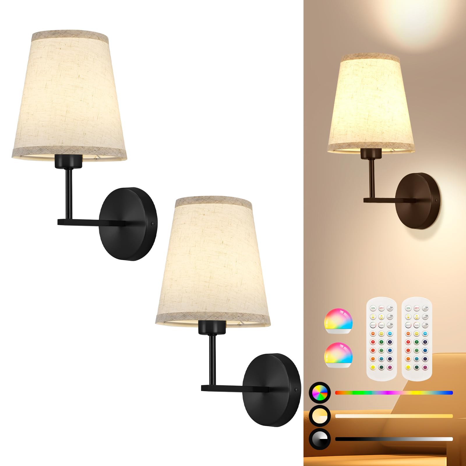 Photo 1 of Battery Operated Wall Sconces Set of Two, Dimmable Rechargeable Battery Wall Light with RGB Bulb, Rechargeable Wall Mounted Sconce Lamp with Remote Control for Bedroom, Living Room, Entryway, Black