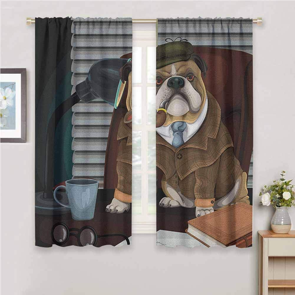 DILITECK Cute Curtain English Bulldog Traditional English Detective Dog with a Pipe and Hat Sherlock Holmes Image 2 Panel Sets W63 x L45 Inch Multicolor