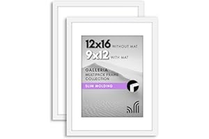 Americanflat 12x16 Picture Frame with Polished Plexiglass - Set of 2 - Use as 9x12 Frame with Mat or Display 12x16 Photo Without Mat - Galleria Collection - Picture Frames for Wall Display - White