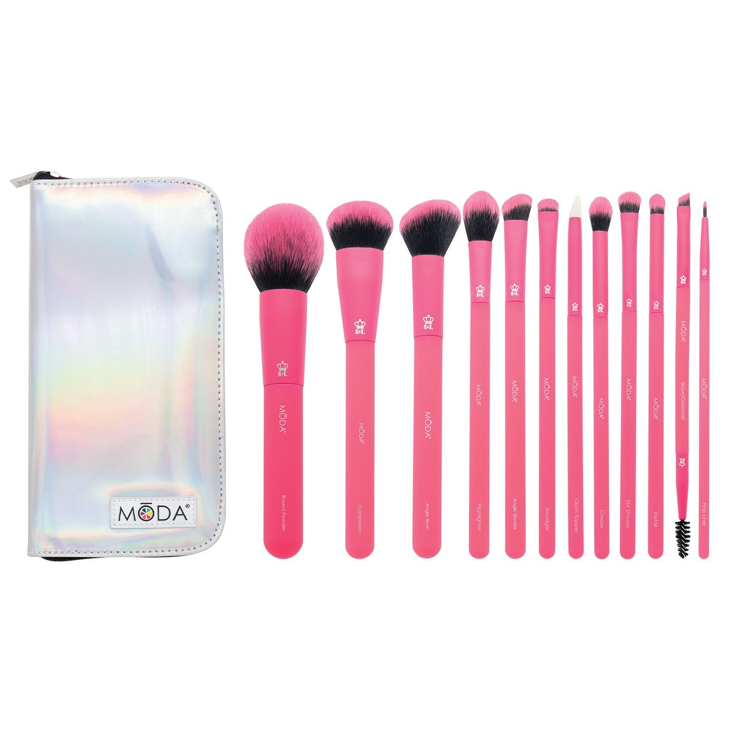 MODA Totally Electric 13pc Full Face Makeup Brush Set, Includes - Powder, Complexion, Blush, Shader, Smudger & Crease Brushes (Neon Pink) — image 1