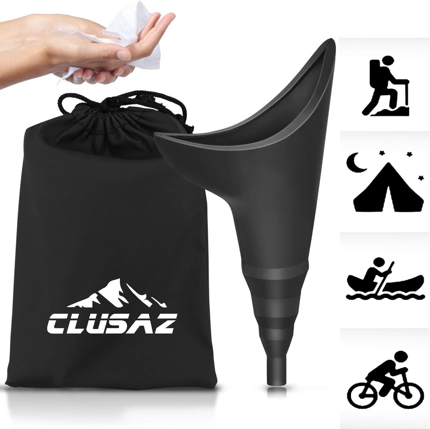 CLUSAZ Female Urination Device - Lets You Pee Standing Up - Discreet Portable Reusable Urinal Funnel for Women - Perfect for Travel, Outdoor, Camping, Festivals - Includes 6 Sanitizing Wipes