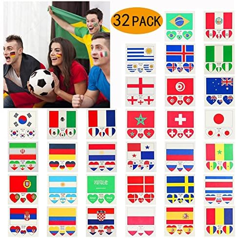 YIYEE Temporary Tattoos National Flags Waterproof 2018 World Cup Flag Face Body Tattoos Stickers 32 Countries Heart Shaped