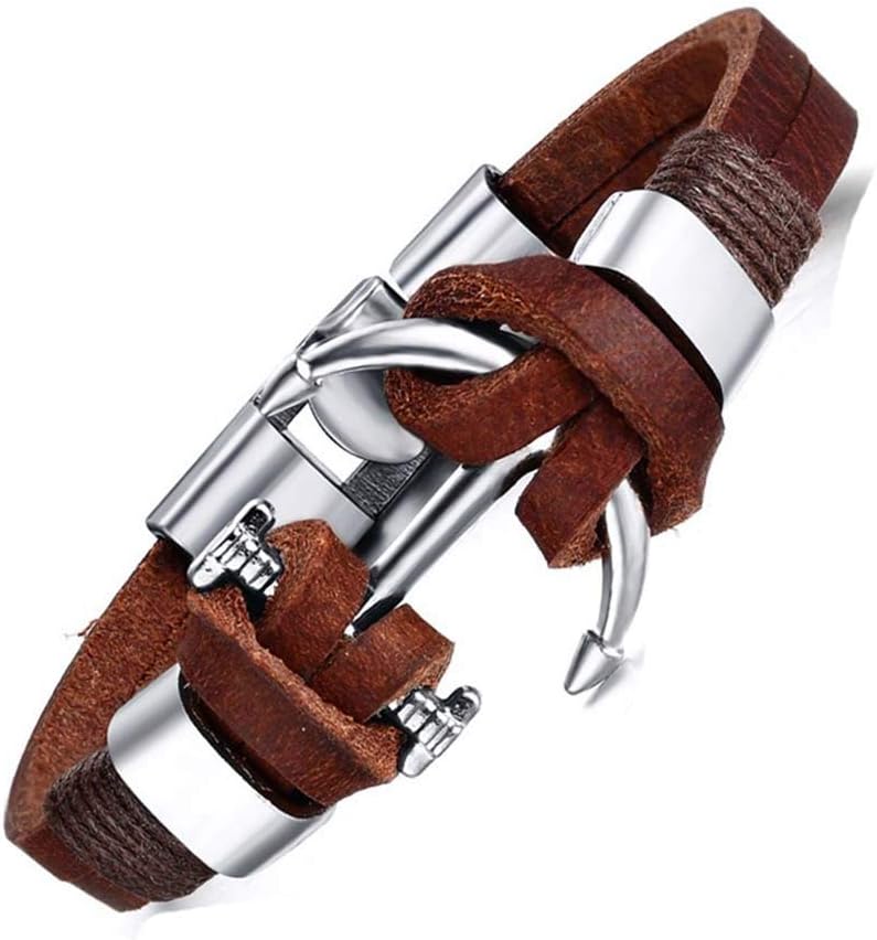 Men's Braided Leather Stainless Steel Cuff Bangle Bracelet Wristband