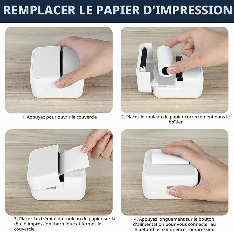 Mini imprimante, imprimante d'autocollants avec 6 rouleaux de papier thermique, imprimantes thermiques de poche portables, imprimantes photo sans encre Bluetooth sans encre avec batterie