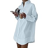 LYANER Women's Casual Shirt Dress Collar V Neck Button Down Loose Long Sleeve Mini Dresses