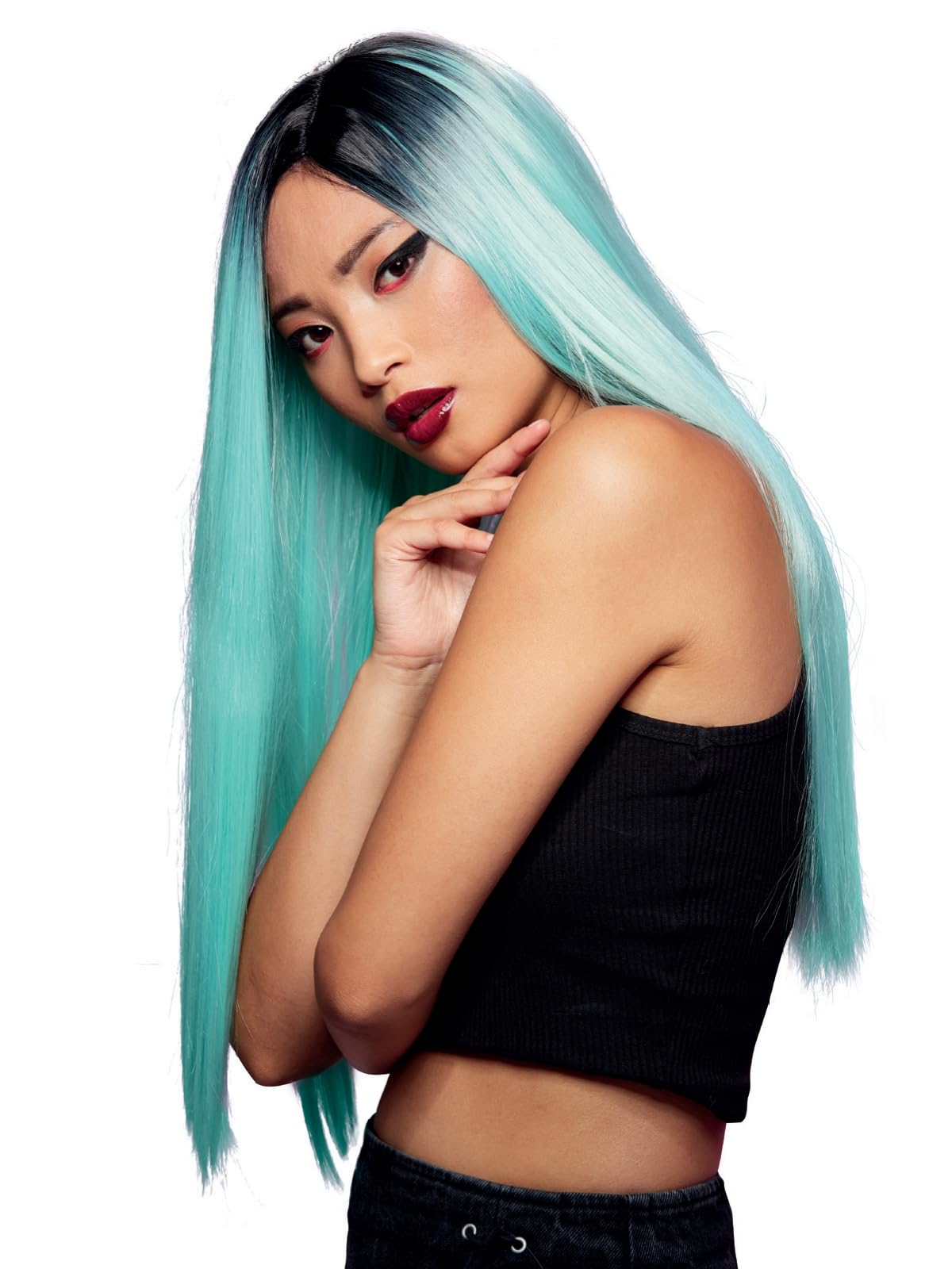 Smiffys Official Manic Panic® Sea Nymph™ Super Vixen™ Wig, Long Straight Wig, Heat Styleable with Adjustable Cap in Teal Colours with Root Effect. Pre-styled for a realistic, elegant look