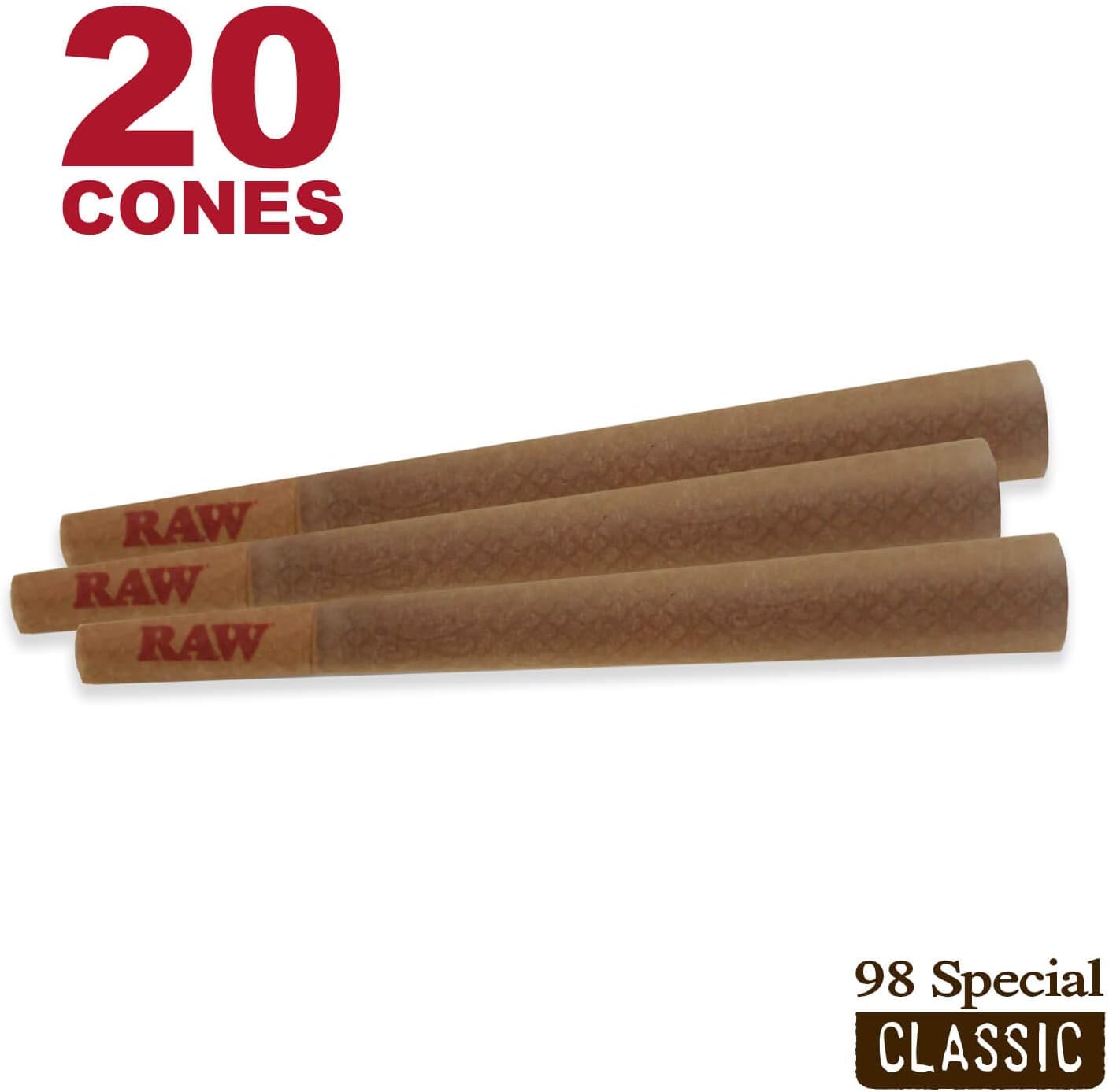 RAW 20 Classic 98 Special Cones - Sturdy W Gallery Box - Pure Hemp 98mm Pre Rolled Cones - 20mm Filter Tips - Natural Brown Unbleached Unrefined Rolling Papers - Bulk Pack Bundle