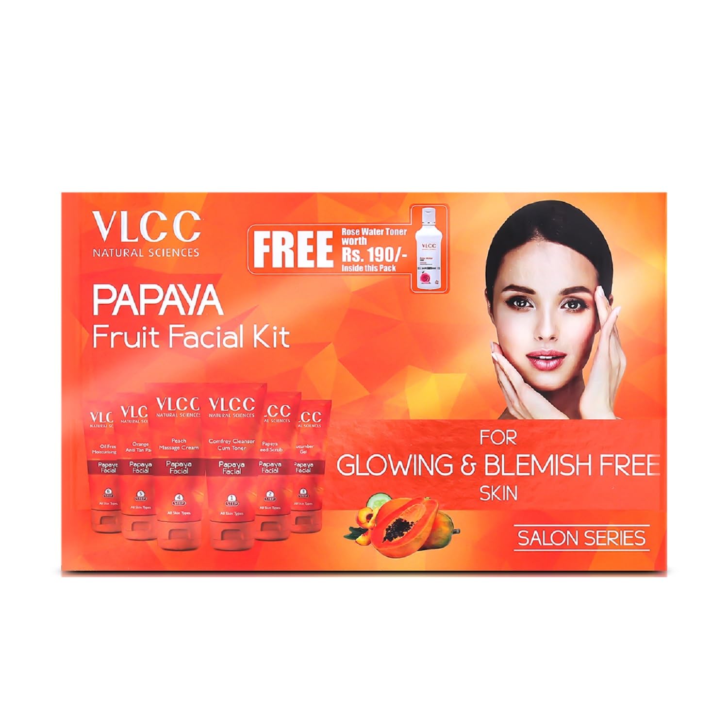 VLCC Papaya Fruit Facial Kit with FREE Rose Water Toner - 300g + 100ml | Glowing, Blemish Free Skin | With Papaya, Cucumber, Peach & Orange Peel Extracts | Glowing at Home Facial Kit