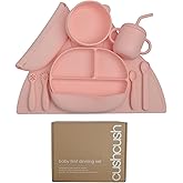 Cushcush Silicone Baby Feeding Set, Baby Led Weaning Supplies, First Stage Solid Food eating Utensils, Divided Suction Plate, Bowl, Bibs, Sippy Cup, Placemat - 6+ months Newborn Gift (Blush Pink)
