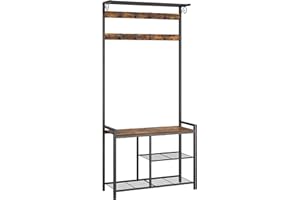 YATINEY Coat Rack Shoe Bench, 4-in-1 Hall Tree with Storage Shelves and Hanging Rod, Entryway Storage Organizer with 8 Movable Hooks, for Entryway, Hallway, Corridor, Rustic Brown and Black MT12BR