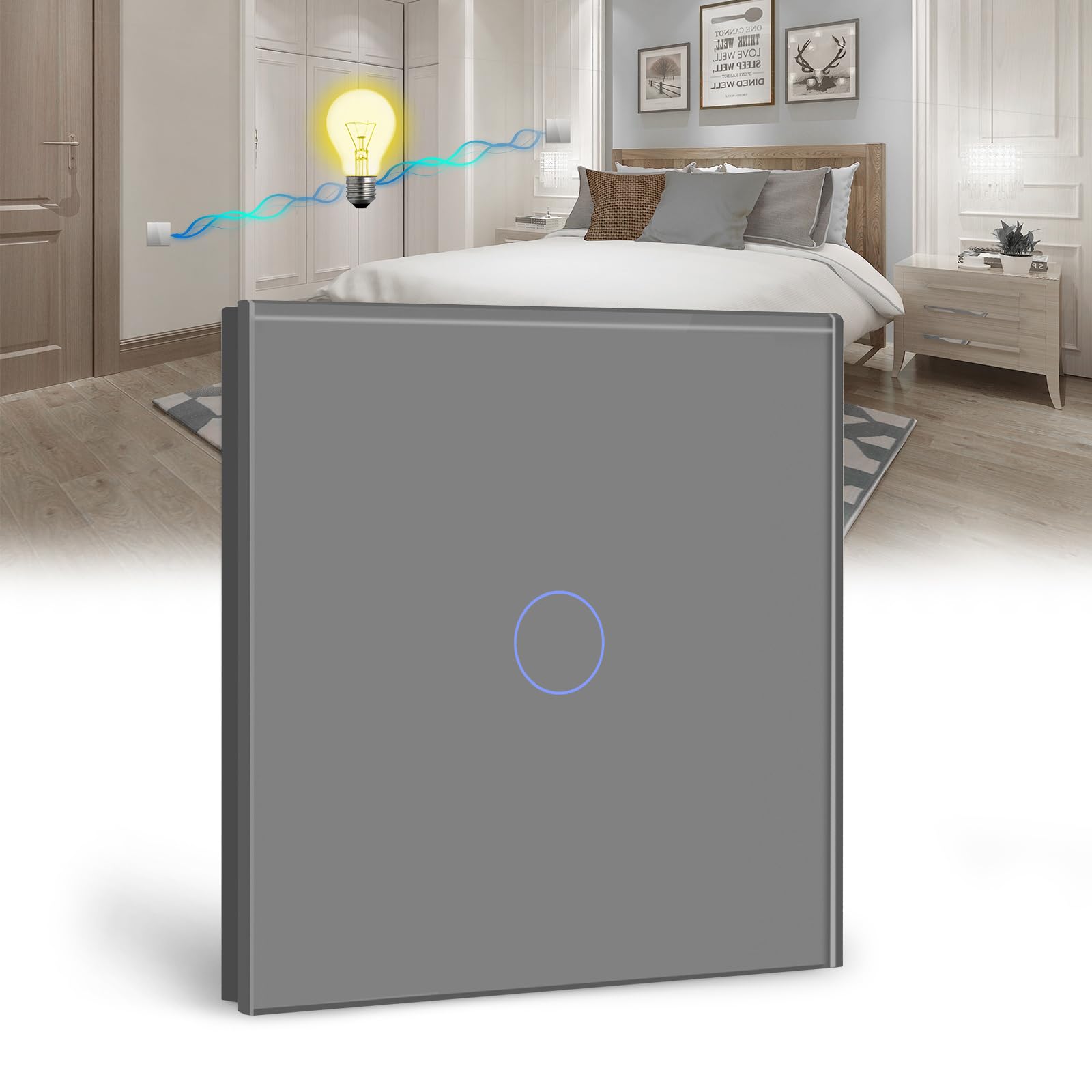 BSEED Touch Light Switch 1 Gang 2 Way, Tempered Glass Panel Light Switches with LED Indicator 86mm Grey Touch Sensitive Light Switch-No Neutral Wire