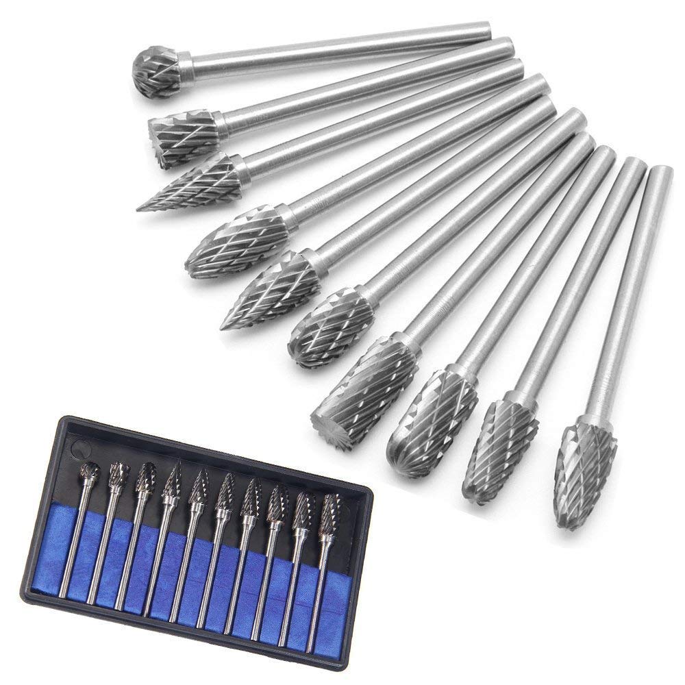 Briskyto 10PCS Rotary Burr Set Tungsten Carbide Carving Tool Steel Solid Twist Drill Bit Grinding Head for Tools DIY Woodworking, Engraving, Drilling, Metal Polishing