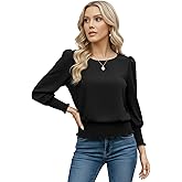 Lomehue Women Cinched Waist Tops Banded Bottom Puff Sleeve Smocked Top Chiffon Blouse Dressy Casual Outfits