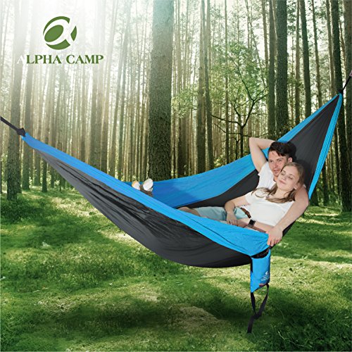 ALPHA CAMP Double Camping Hammock Parachute Hammock with Tree Straps Ultralight Portable for Backpacking Travel Hiking Beach Yard, Blue Black - Thumbnail 7