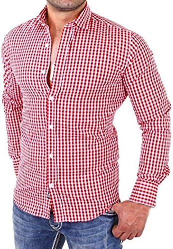 SCSAlgin Men's Plaid Male Long Sleeve Slim Fit 100% Cotton Plaid Button Down Dress Shirt Tops