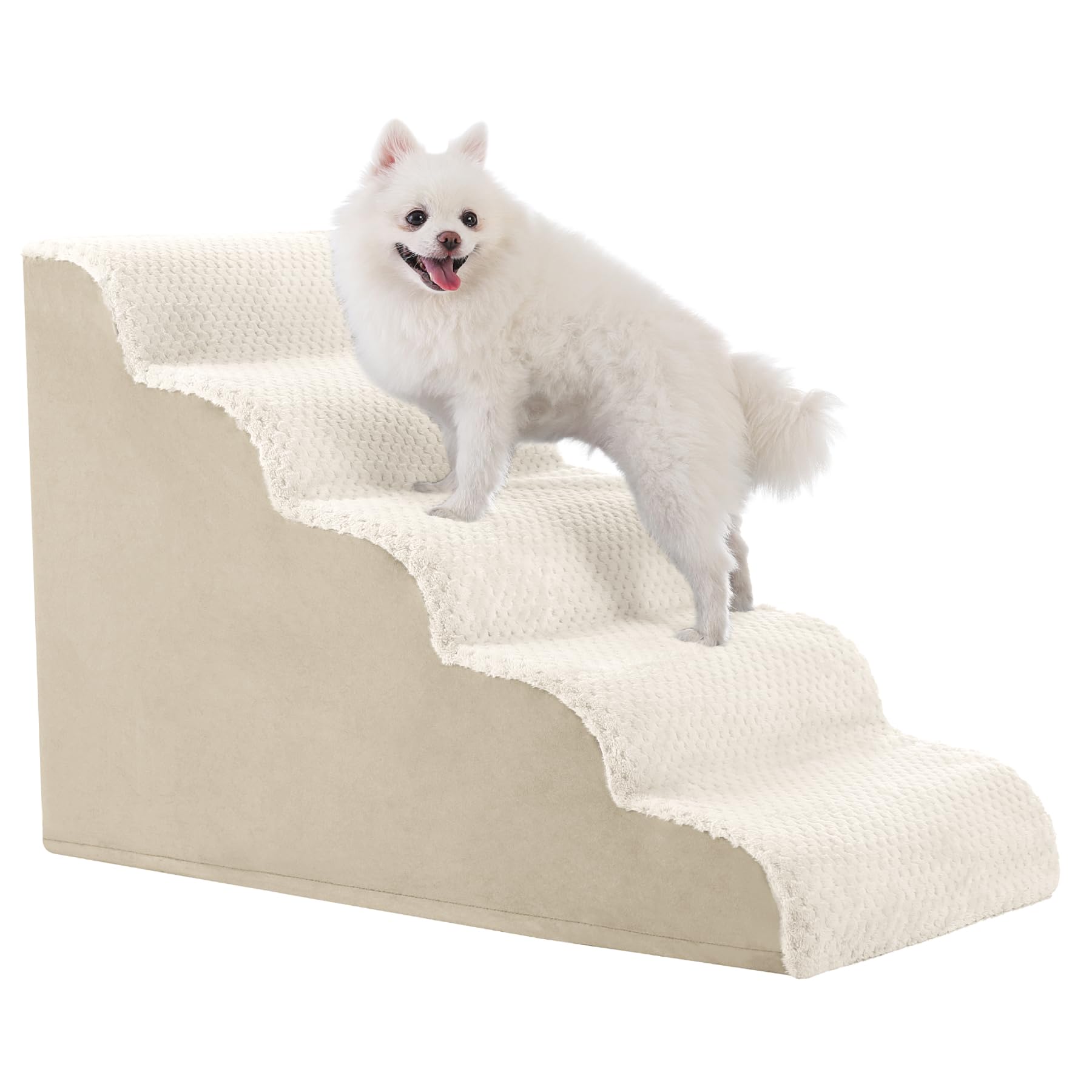 MIHIKK Dog Stairs Ramp, Curved 5-Step Dog Steps for Small Dogs and Cats, Pet Stairs for High Beds and Couch with Anti-Slip Washable Cover and Durable High Density Foam, Beige Image