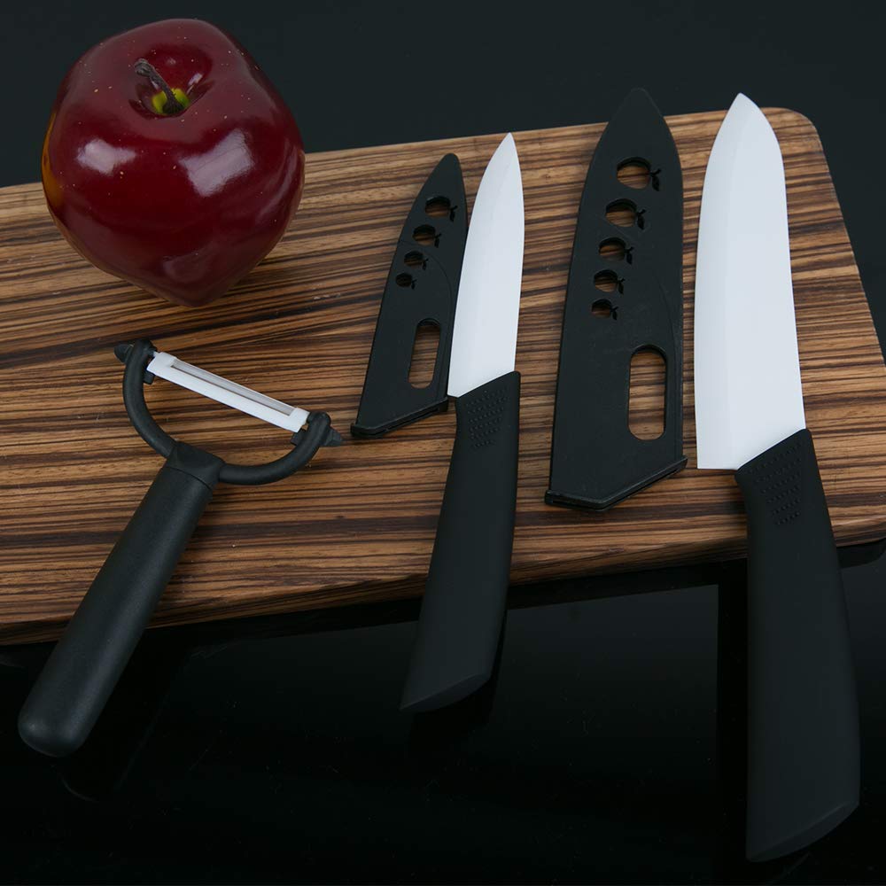 White Fruit Ceramic Knife Set with Sheaths 3 Piece- (Includes 6" Chef Knife, 4" Fruit Knife, One Peeler) Super Sharp Blade, Rust Proof and Professional knives Sets