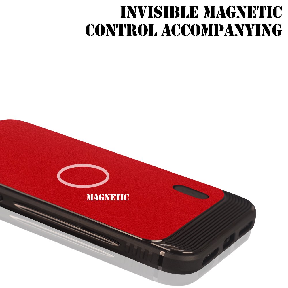 iPhone X case, MagicSky Ultra Slim Premium PU Leather Shock-absorbing Protective Bumper Case Cover with Built-in Nickel Metal Plate work with Universal Magnetic Phone Car Mount Holder - Red