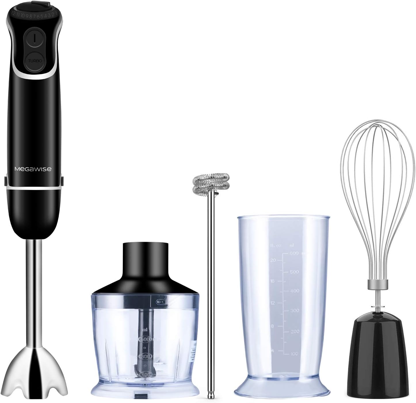 5-in-1 Immersion Hand Blender, MEGAWISE Powerful 800 Watt 12-Speed Stick Blender with Sturdy Titanium Plated Stainless Steel Blades, Including 500ml Chopper, 600ml Beaker, Whisk and Milk Frother Attachments, Dishwasher Safe and BPA-Free: Kitchen & Dining