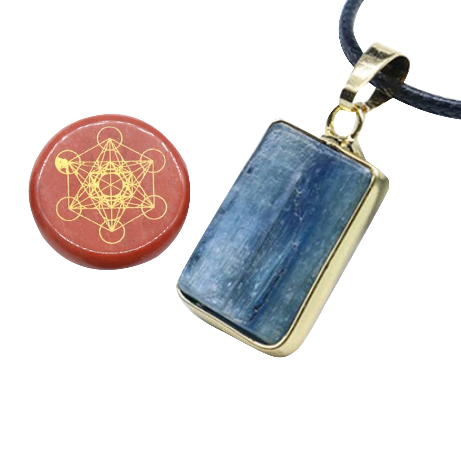 Healing Crystal 1Pcs Red Jasper Crystal Archangel Metatron Cube Geometric Disc and 1Pcs Sapphire Rough Crystal Pendant Necklaces with Black Cord