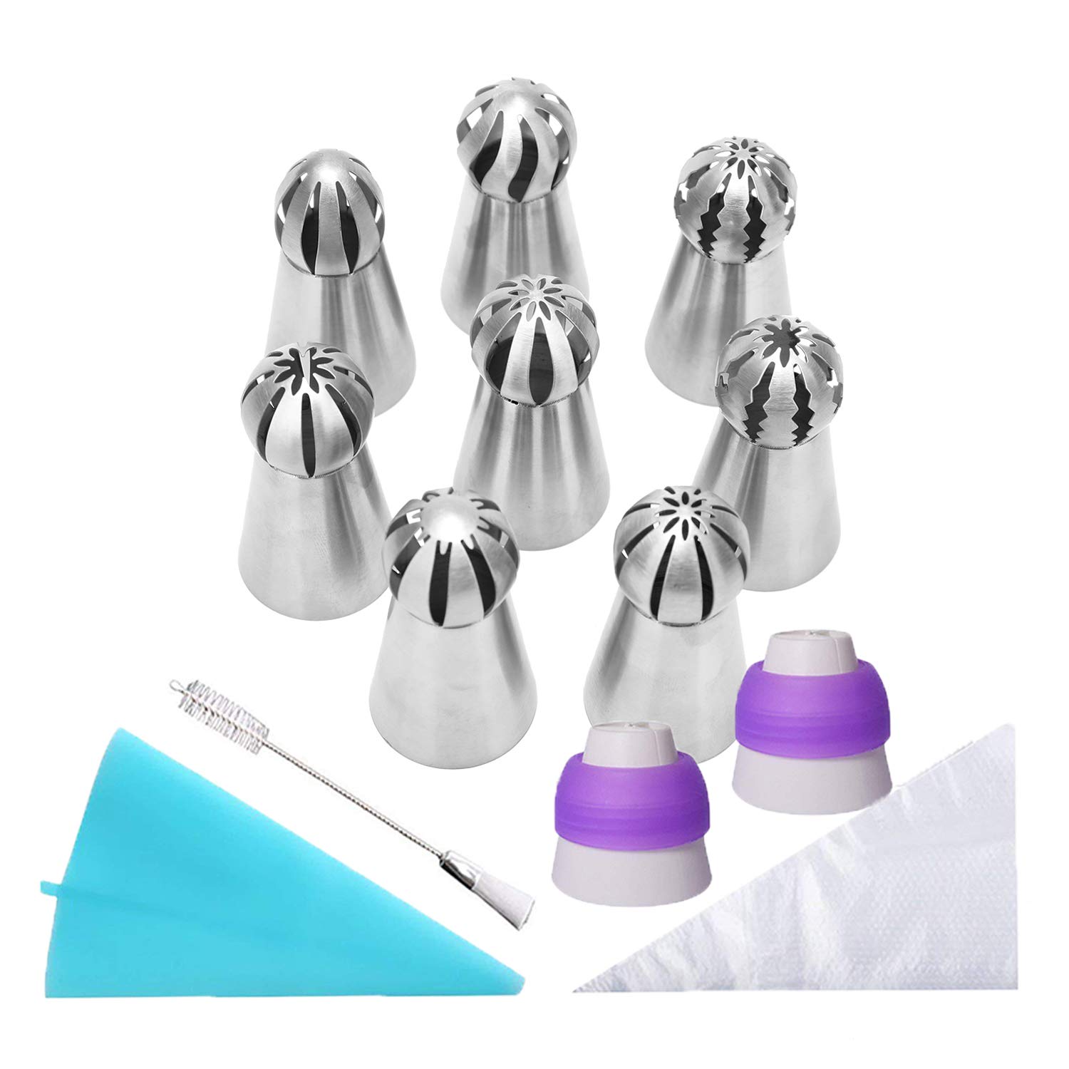 22PCS Russian Piping Tips and Bags Set, Stainles Steel Cake Cupcake Decorating Supplies Russian Ball Tips Pastry Bag & Nozzle Flower Shaped Frosting Icing Tips Set Baking Tools by MYCreator (1#)
