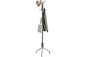 Coat Rack with Triangular Base – Stable Freestanding Stand Modern Wrought Iron, 18.3" W x 75" H, 12 Hooks, Black, Minimalist 