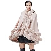 SUFCOMOU Women Hooded Poncho Cape Faux Fur Shawl Wrap with Fur Trim Sleeveless Cardigan Dressy Cloak Fashion Tops Coat