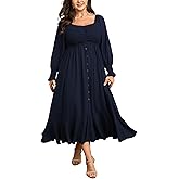 CICIDUDU Plus Size Smocked Casual Maxi Dress for Curvy Women Long Sleeve Sweetheart Neckline Fall Dresses Button Down