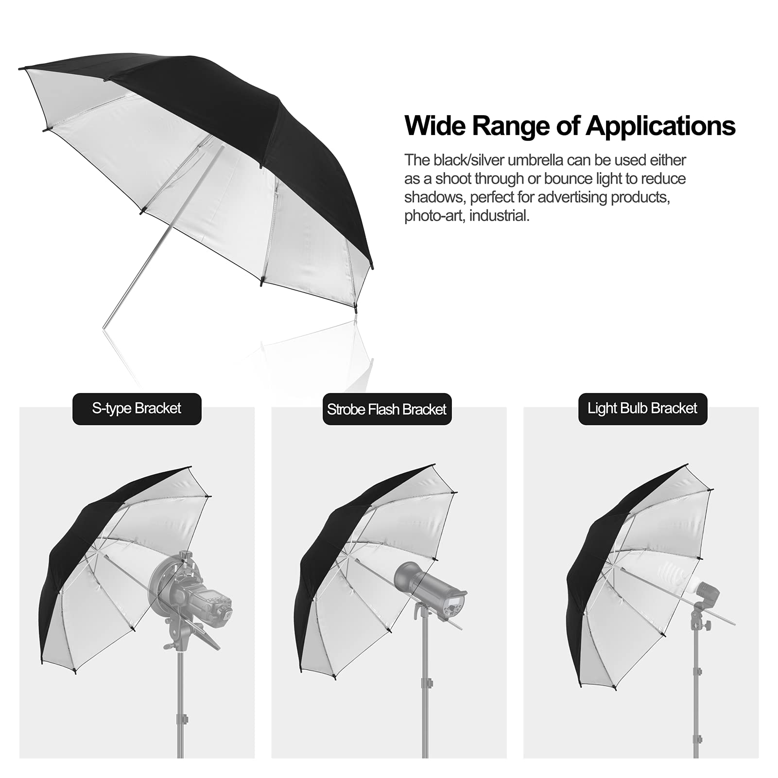 EMART 2 Pack 33inch Professional Photography Studio Photo Lighting Flash Reflective Black/Silver Umbrella